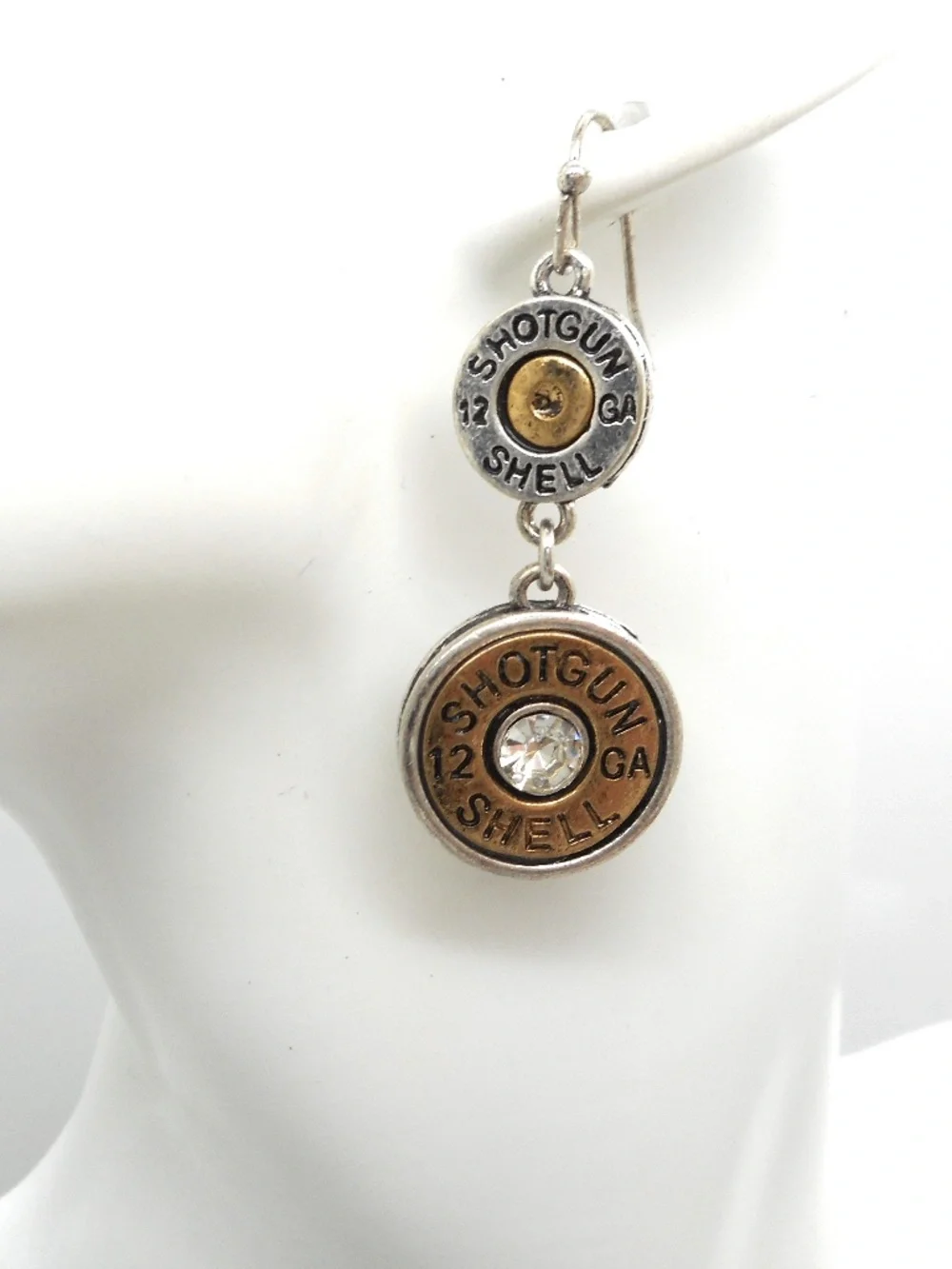 Two Tone Dangle Shotgun Shell Bullet Earrings Crystal Accented